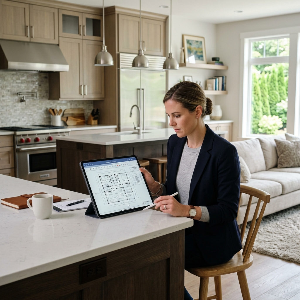 Real estate advisor reviewing property valuation data on a tablet inside a home
